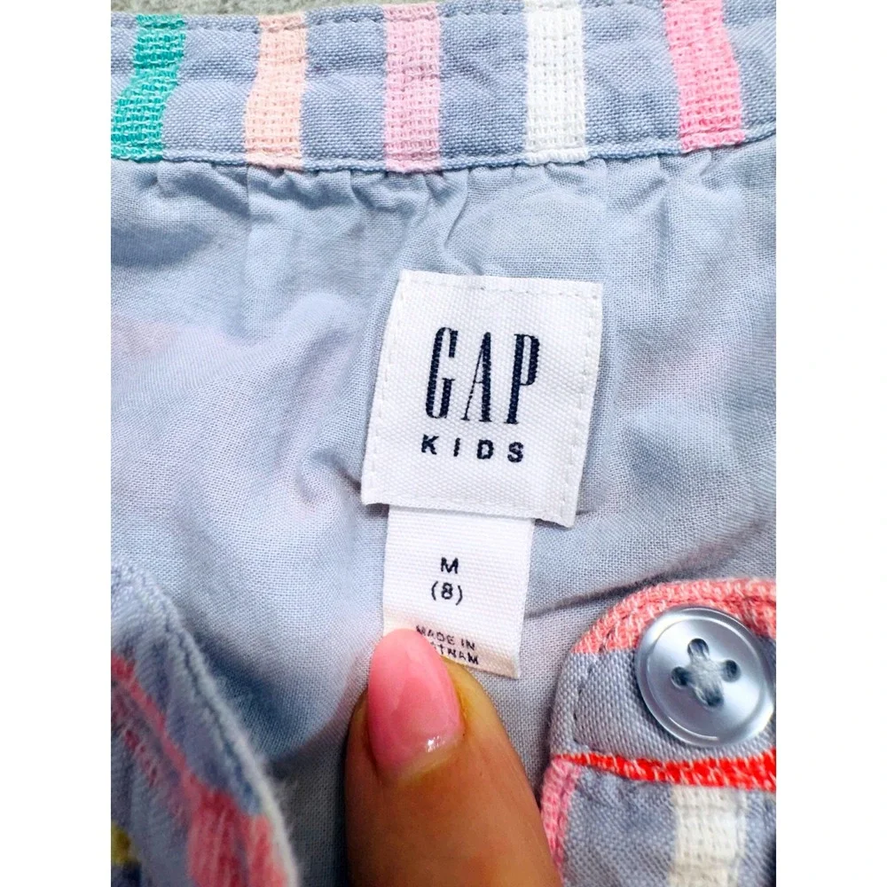 Gap Kids Shirt Dress Girls Size 8 Blue Rainbow Stripe Button Front Cap Sleeve